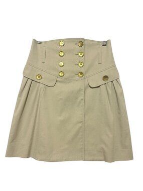 Burberry London Beige Wrap Mini Skirt Gold Button High Waist US 2
